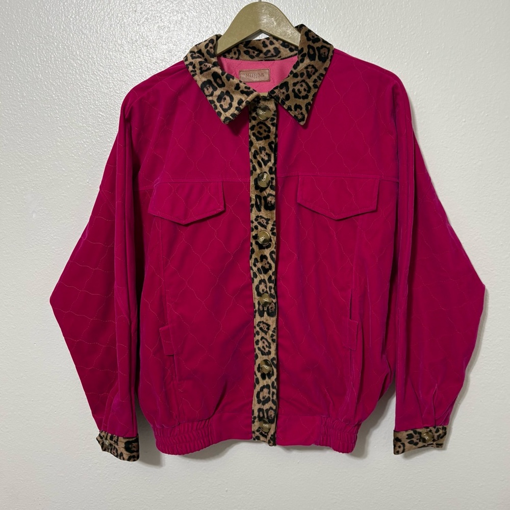 Umgee Size Small Velvet Quilted Pink Button Jacket Leopard Trim Dolman Sleeves